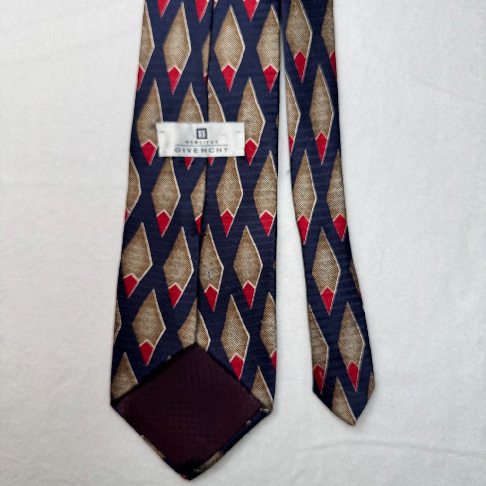 Givenchy Monsieur Vtg Mens Silk Necktie Navy Blue Red Tan Geometric Pattern READ - Picture 1 of 6
